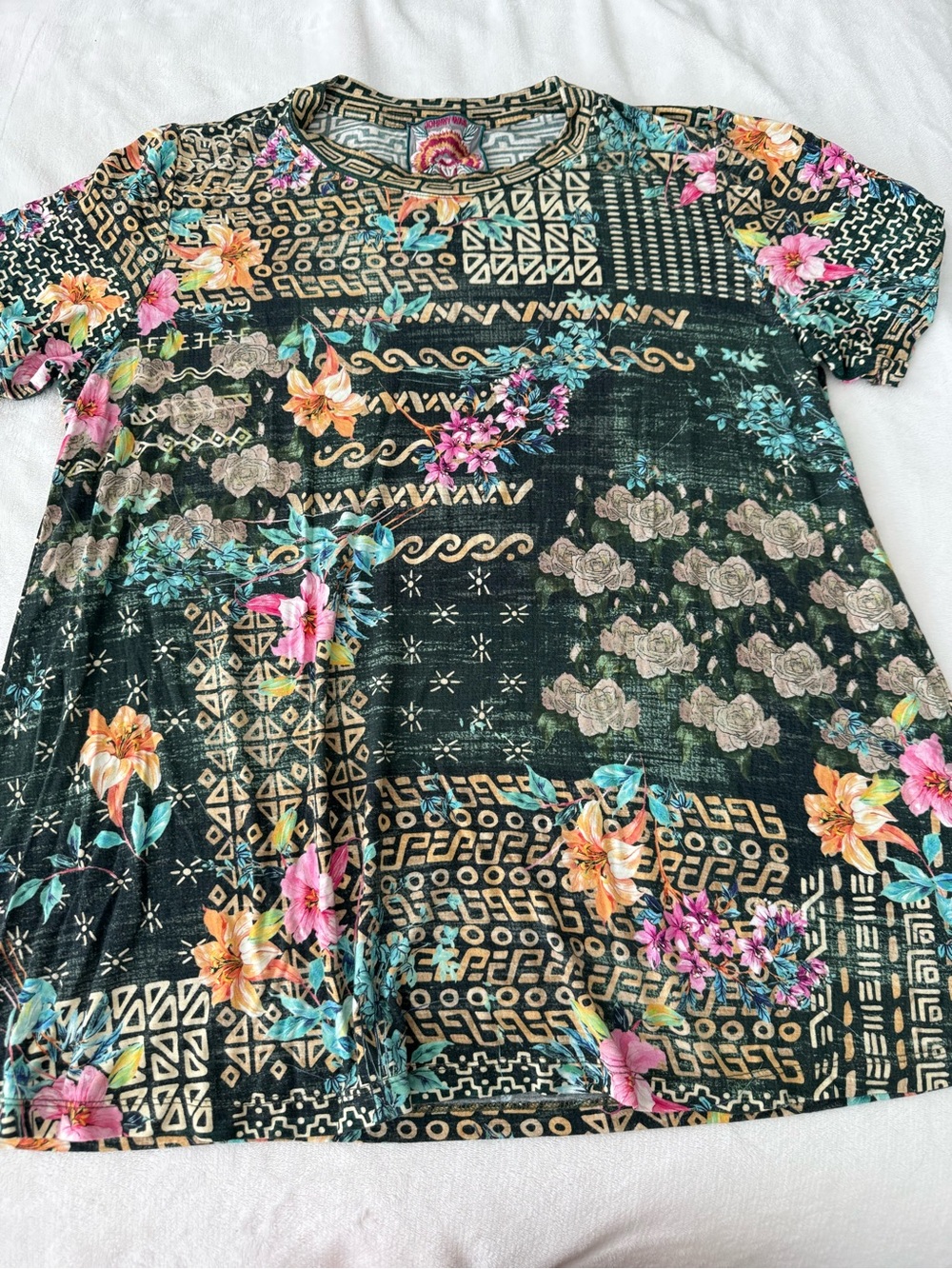 Johnny Was Sz L Weller Favorite Short Sleeve Crew Neck Swing Tee Boho Top E06